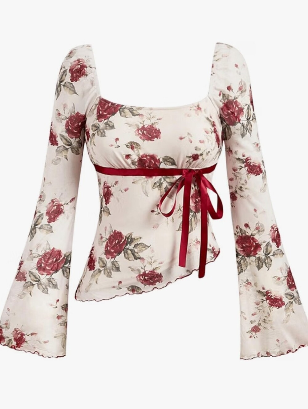 Floral Square-Neck Ribbon Tie Long-Sleeve Top - Ivory/Rose